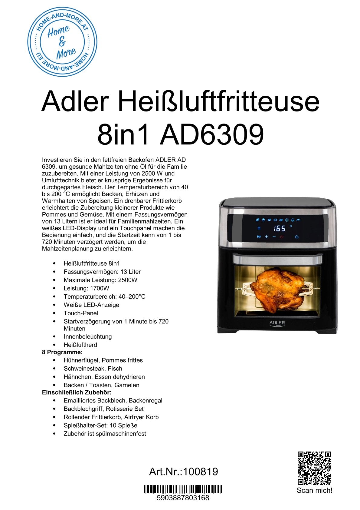 Adler Heißluftfritteuse 8in1 AD6309