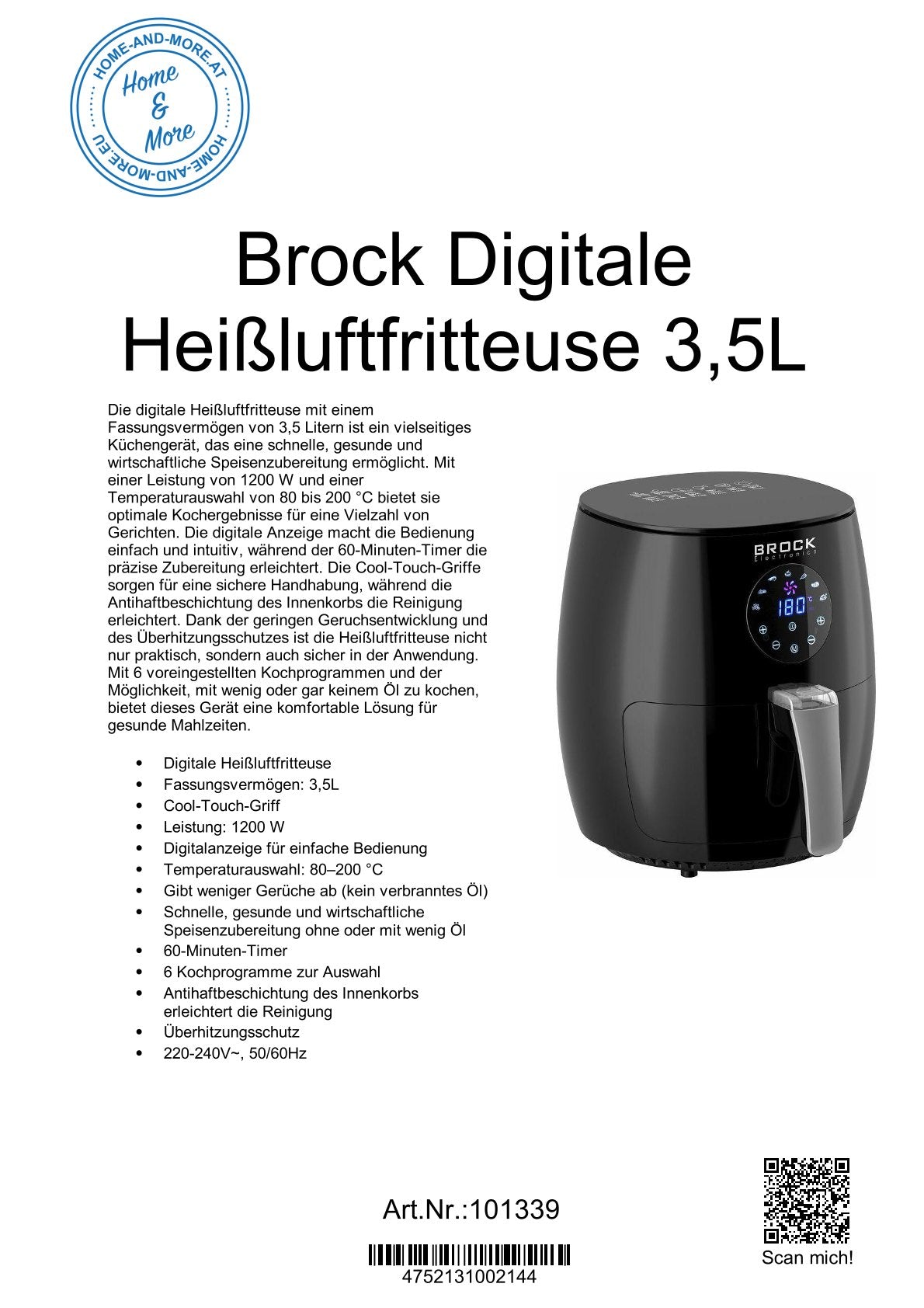 Brock Digitale Heißluftfritteuse 3,5L AFD3502BK
