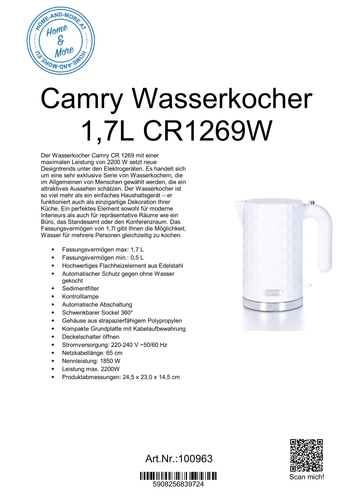 Camry Wasserkocher 1,7L CR1269w