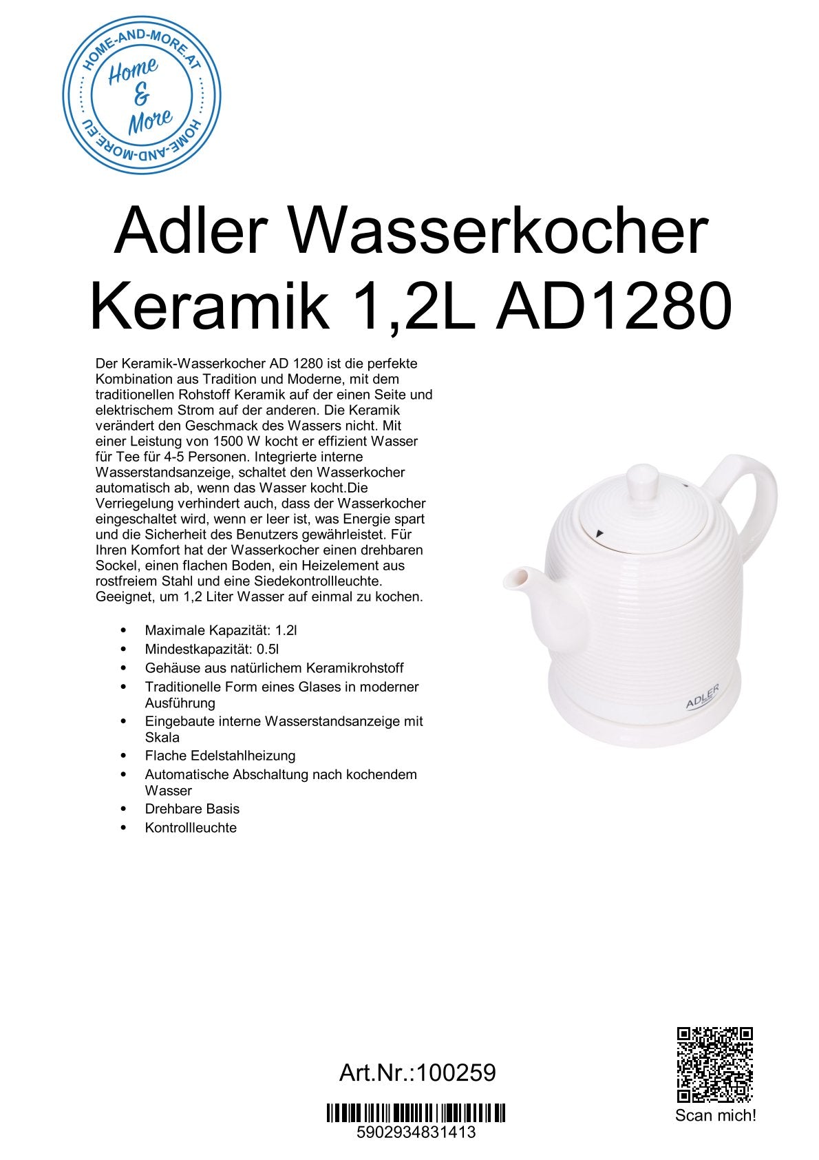 Adler Wasserkocher Keramik 1,2L AD1280