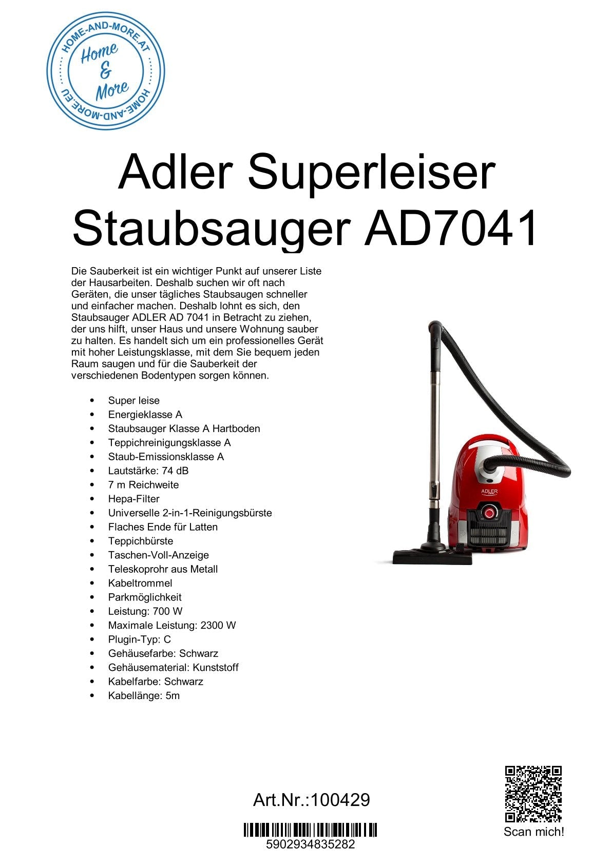 Adler Superleiser Staubsauger AD7041