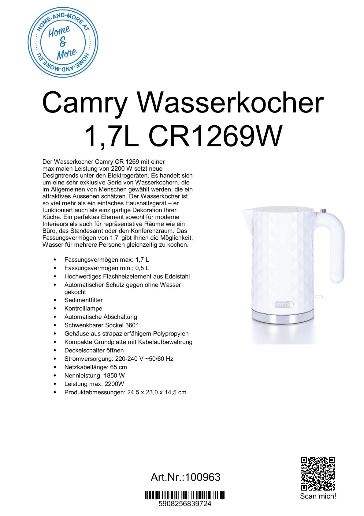 Camry Wasserkocher  1,7L CR1269w