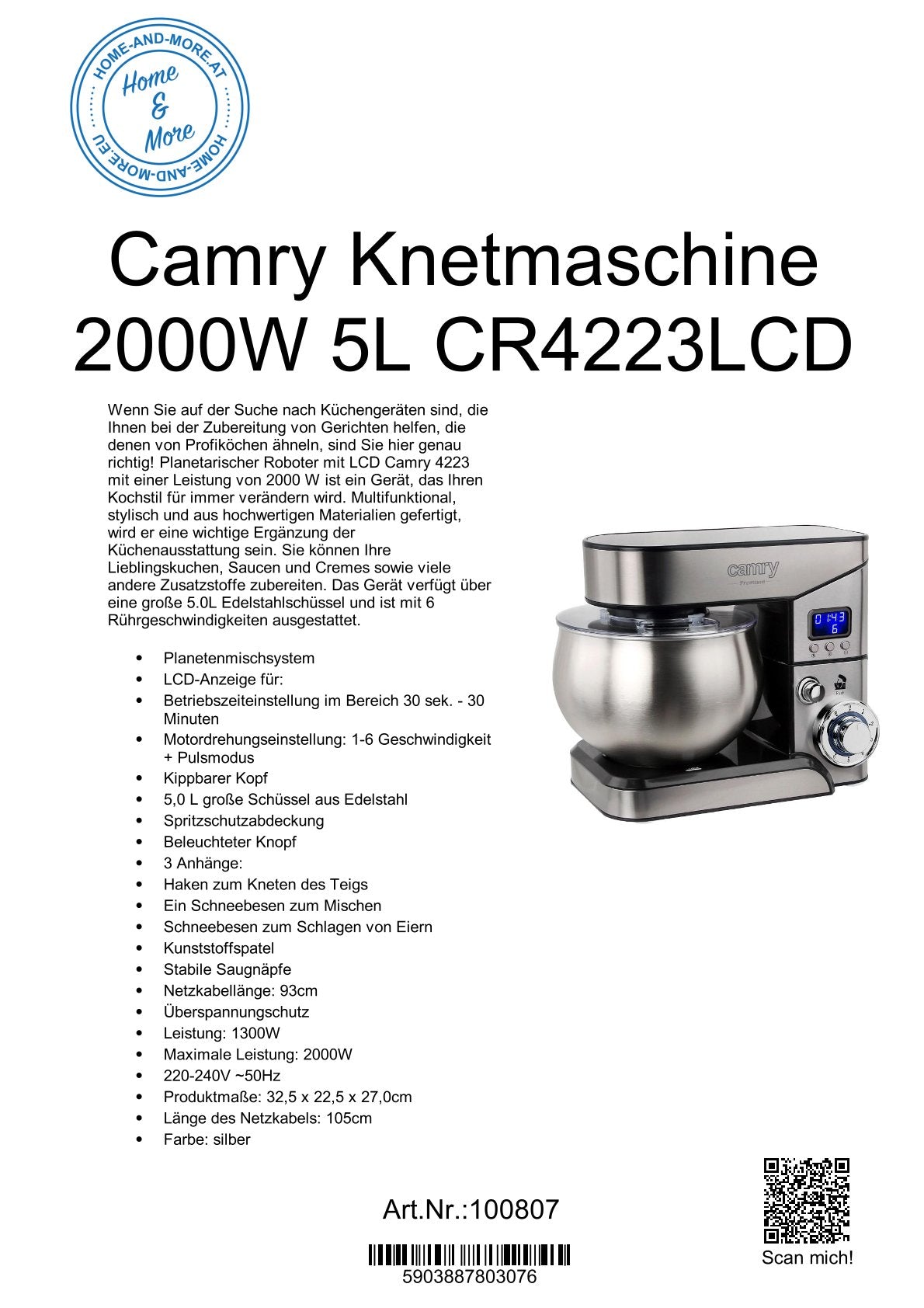 Camry Knetmaschine 2000W 5L CR4223LCD