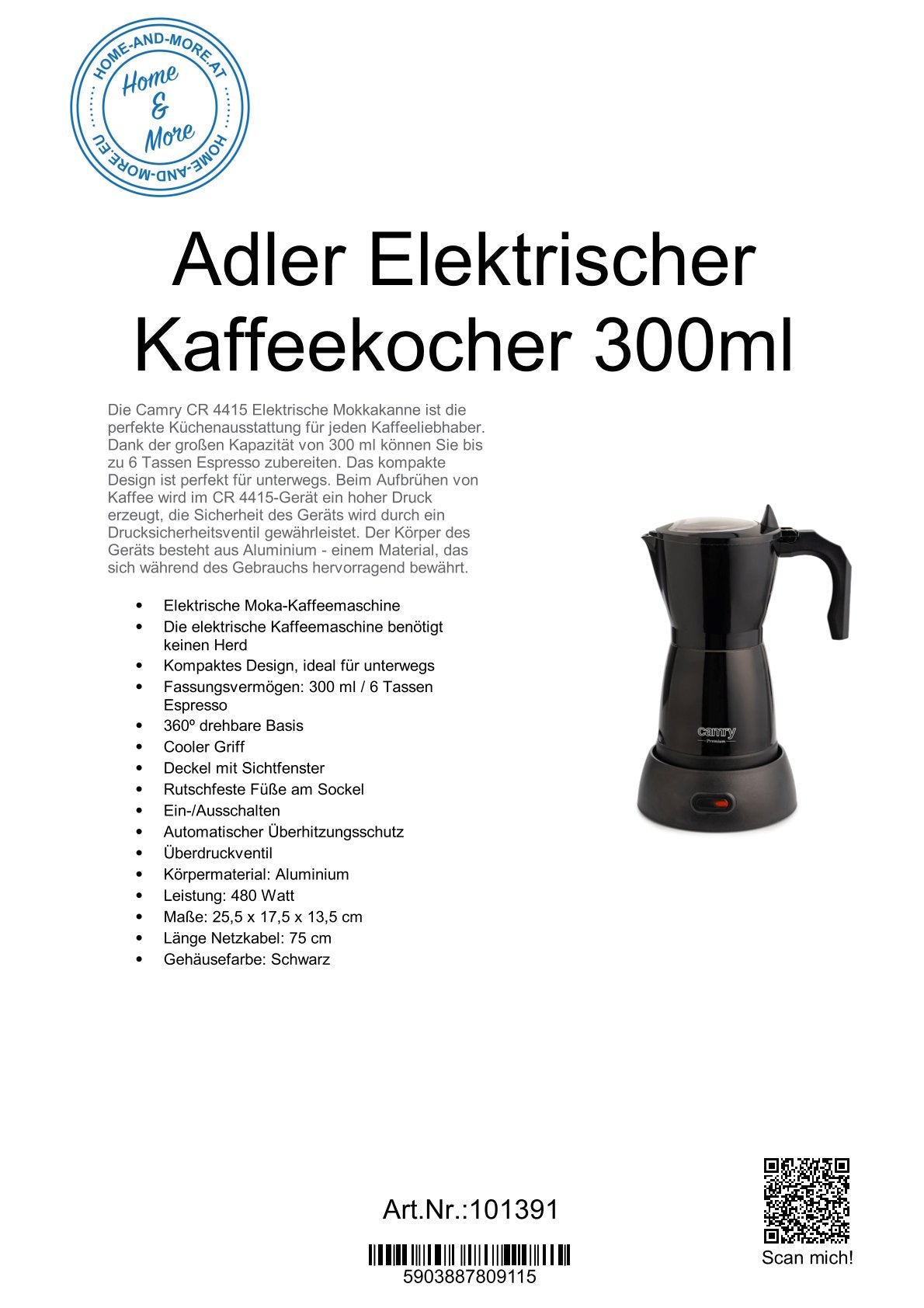 Adler Elektrischer Kaffeekocher 300ml CR 4415B