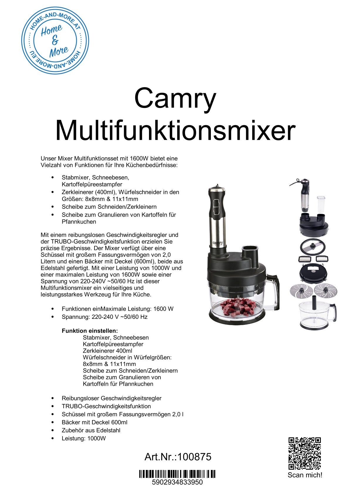 Camry Multifunktionsmixer 1600W CR4623
