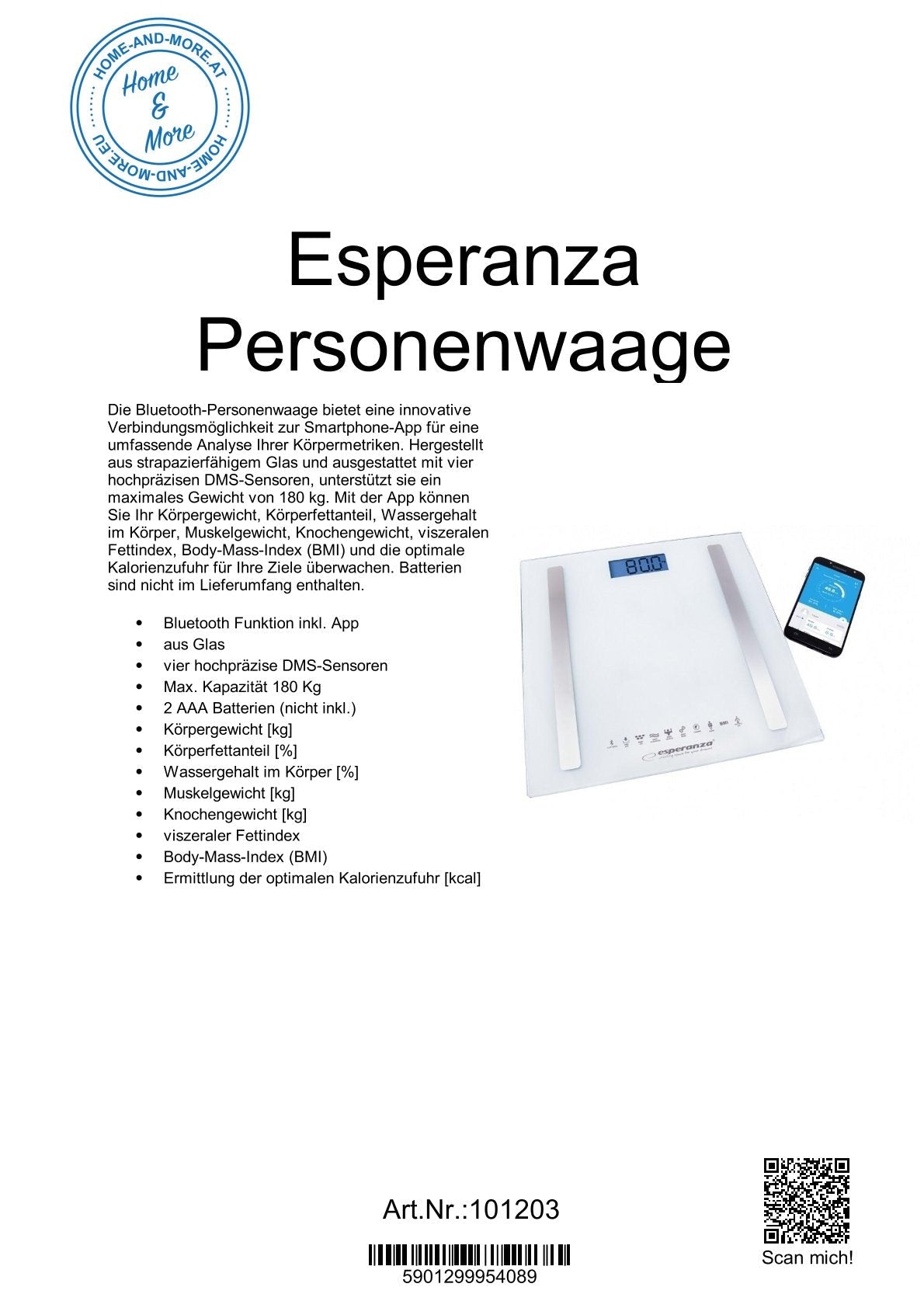 Esperanza Personenwaage Bluetooth EBS016W