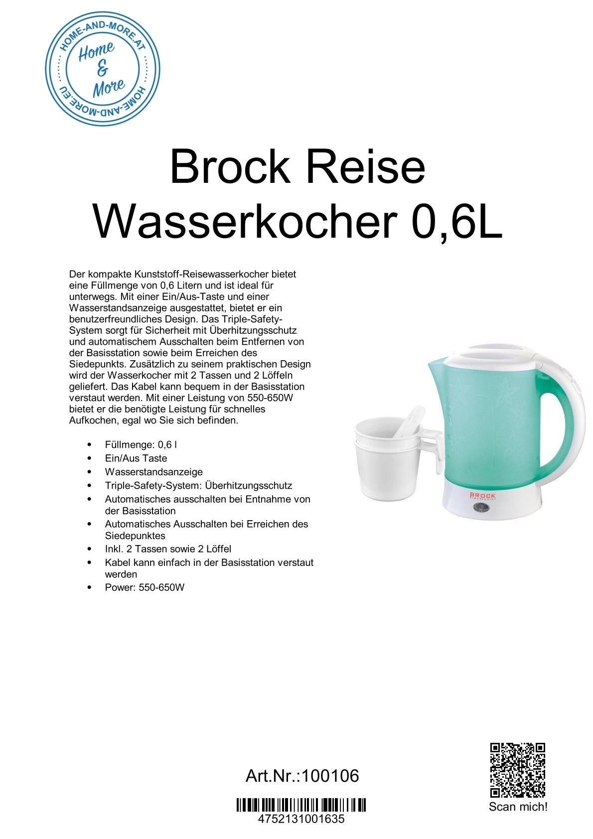 Brock Reise Wasserkocher 0,6L WK0902GR